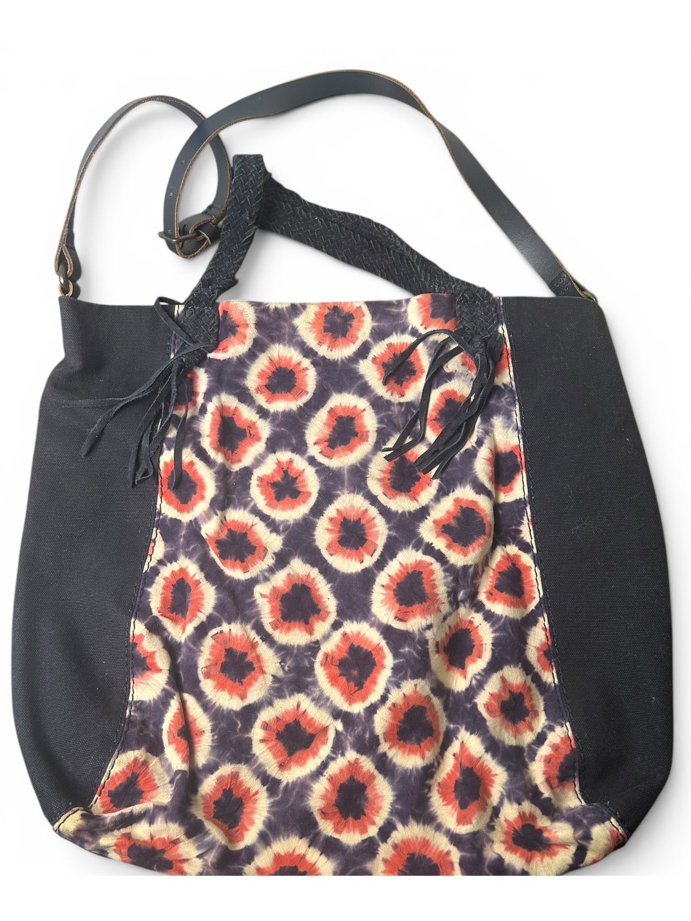 Canvas Boho Shoulder Tote With Patterned Fabric Panel